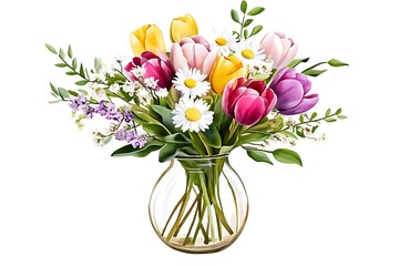 Fototapeta premium Vibrant Spring Bouquet: Tulips, Daisies & Greenery in Glass Vase