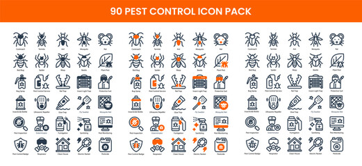 90 Insect Control Icons in 3 Styles (Line, Solid, Two-Tone), Featuring Bug Spray, Electric racket, Exterminator, and More – Vector Illustrations