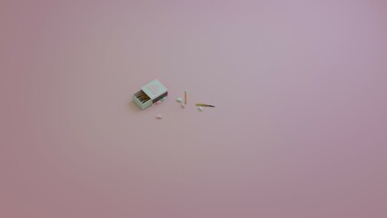 Pink matchbox lying open with scattered broken hearts and matchsticks