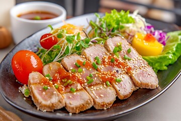 Seared Tuna Steaks Served with Salad and Sauce