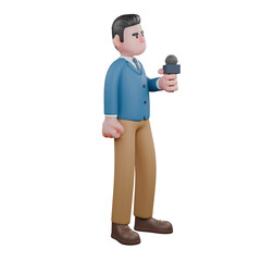 Cartoon News Broadcaster Character 3D Model. A male TV presenter sits holding a microphone and a cellphone with both hands. Cartoon Style