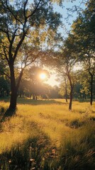 A group of trees casting long shadows across a quiet meadow, with the early morning sun rising behind them.
