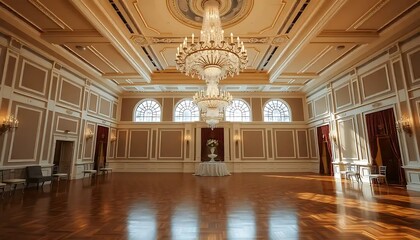 Elegant Ballroom with Crystal Chandelier and Hardwood Floor