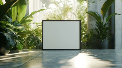 A mockup of an empty black frame resting on a marble floor, surrounded by lush indoor plants in a modern living space bathed in natural daylight, offering a perfect spot for advertisements, pictures