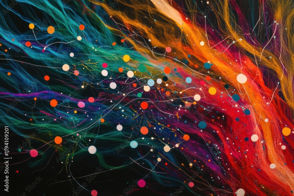 Poster vibrant flows of energy lines and colorful dots symbolize dynamic communication and data transfer in