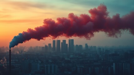 Colorful Smoke Plume Rising from Industrial Chimney Against a Vibrant Sunset Over a City Skyline with Urban Buildings in the Background