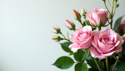 Fototapeta premium Soft pink rose stems and eustoma flowers arranged in a corner floral arrangement, surrounded by greenery , pink roses, white background, corner flowers