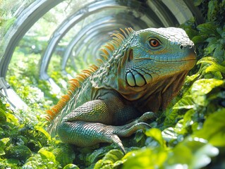 Sustainable iguana climbing through green environment renewable nature concept artistic depiction in lush habitat
