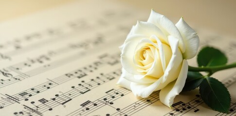 Single white rose on musical notes background, delicate and elegant , music sheet, solo, music