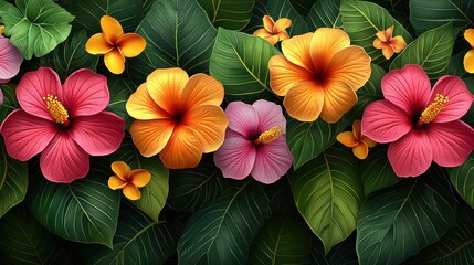 Fototapeta premium Vibrant tropical flowers amidst lush green leaves.