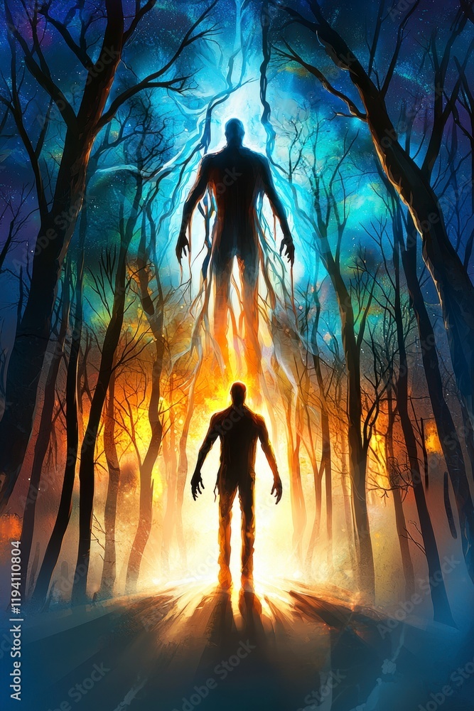 Poster mysterious encounter between shadows and light enchanted forest digital art surreal atmosphere wide 