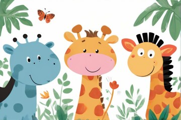Naklejka premium Giraffes in Jungle Setting with Hippo and Butterflies, Colorful Illustration of Animals in Lush Greenery with Flowers.