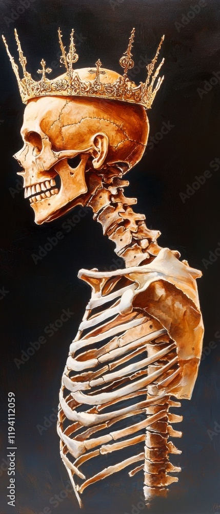 Poster crowned skeleton portrait artistic display dark background surreal environment side view symbol of m