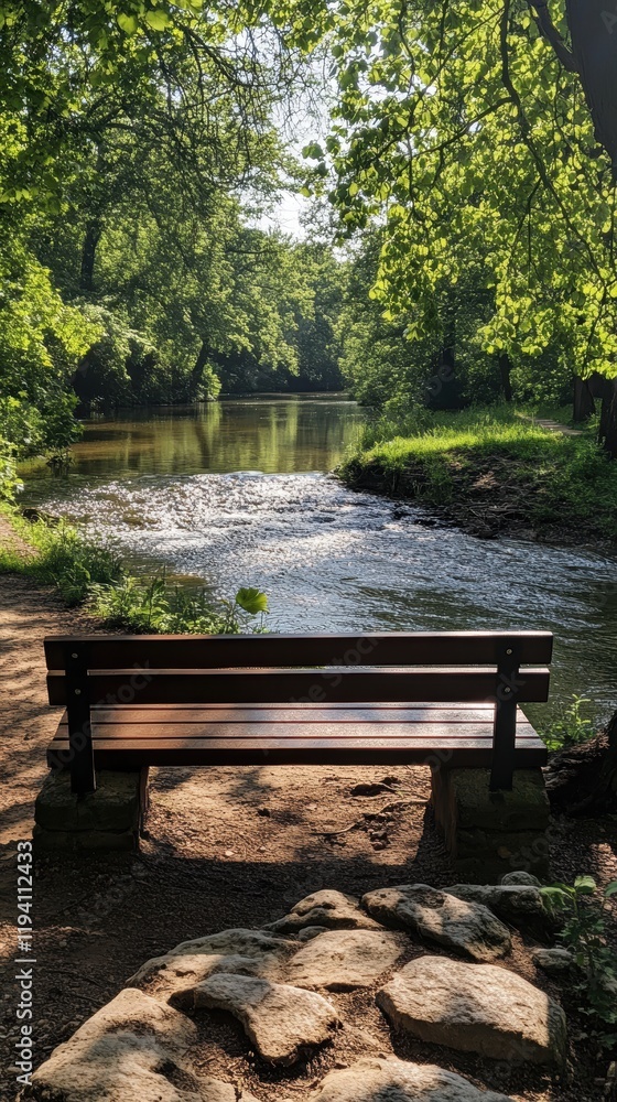 Poster a peaceful riverside bench with a view of gently flowing water, surrounded by trees and a soft breez