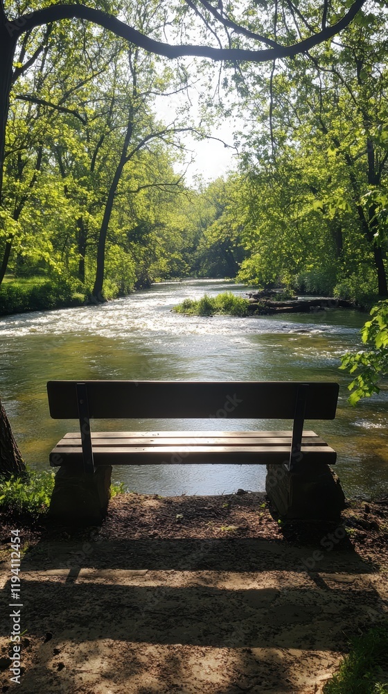 Poster a peaceful riverside bench with a view of gently flowing water, surrounded by trees and a soft breez