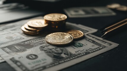 Close-up of Cryptocurrency Coins on Top of Dollar Bills with Dark Background, Emphasizing Financial Investment, Digital Currency, and Economic Growth Elements