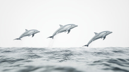 Playful dolphins jumping out of the ocean, white setting  