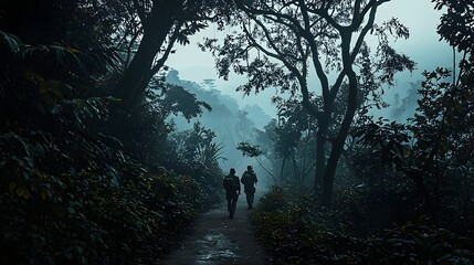 Obraz premium Misty Forest Path Leads to Mysterious Adventure through Lush Wilderness