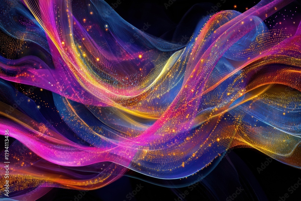 Aufkleber Vibrant energy flows with dynamic lines and dots representing active communication and data exchange in an abstract design. Generative AI