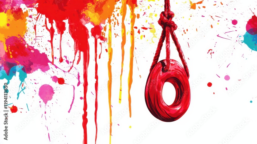 Aufkleber vibrant abstract art with colorful paint splashes and a red loop knot hanging from a rope, ideal for