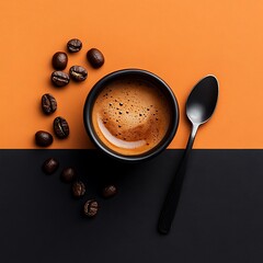 Top-down view of an espresso shot with a spoon and coffee beans placed symmetrically on an {random colour} surface.