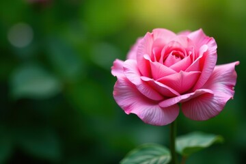 Fototapeta premium Delicate petals of pink Damask Rose unfolding in a lush green garden, blooms, flower, beauty