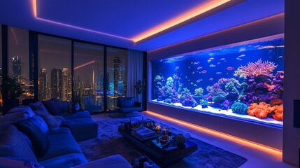 Naklejka premium A luxury penthouse with a massive custom-built saltwater aquarium, filled with vibrant tropical fish and glowing coral,