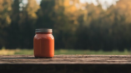 Orange jar on wooden table outdoors, autumn forest background.