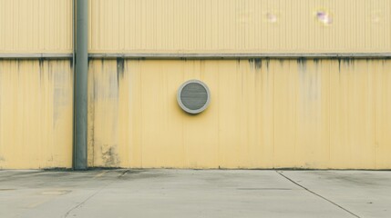 Pale yellow corrugated metal wall with a round vent and grey pipe.