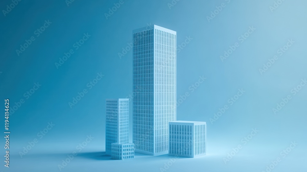 Poster abstract minimalist cityscape with blue background featuring various architectural structures and sk