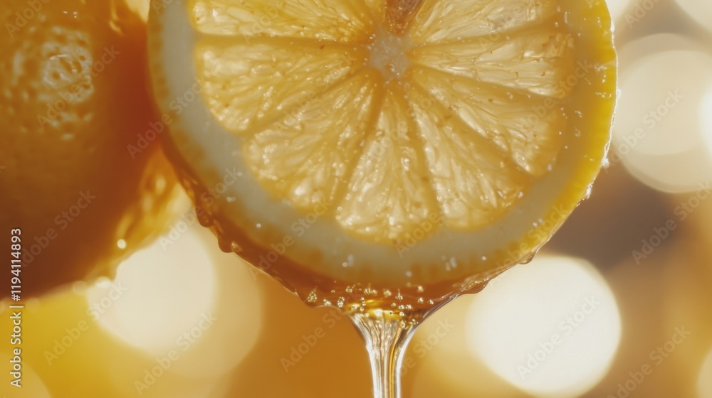 Poster freshly cut lemon dripping juice under soft golden light with bokeh background creating a vibrant an