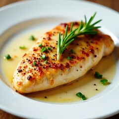 Chicken breast seasoned with spices and garnished with a fragrant rosemary sprig, flavorful, food, chicken breast