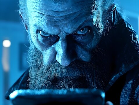 Intense Gaze of an Elderly Man with a Weathered Pensive Expression in Dramatic Cinematic Lighting