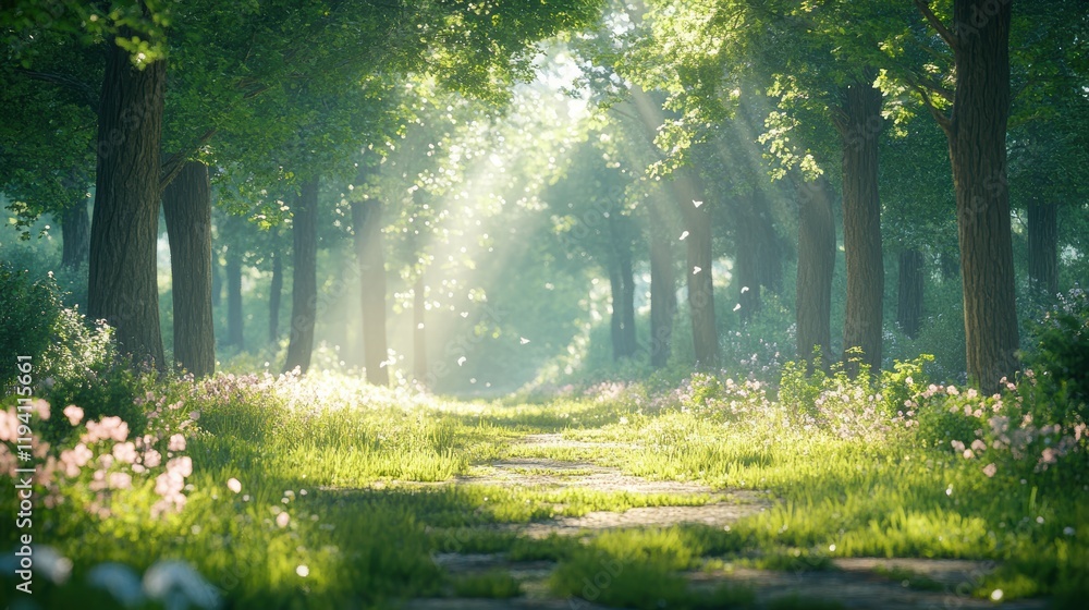 Aufkleber a quiet forest with sunlight filtering through the trees, casting soft shadows on the forest floor, 