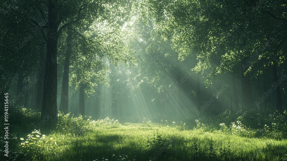 Poster a quiet forest with sunlight filtering through the trees, casting soft shadows on the forest floor, 