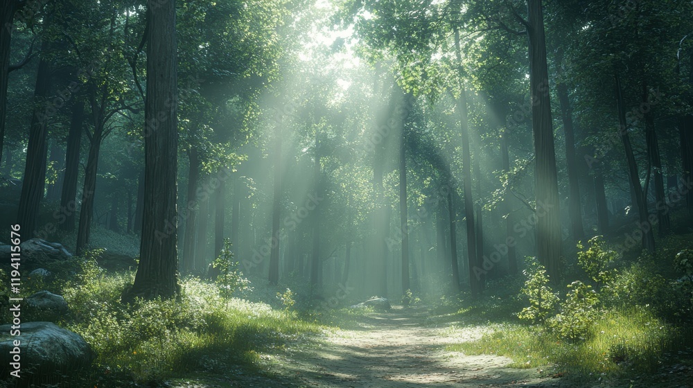 Aufkleber a quiet forest with sunlight filtering through the trees, casting soft shadows on the forest floor, 