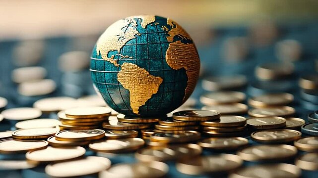 Global Financial Landscape: A miniature globe, symbolizing the interconnectedness of our world, rests on a bed of shimmering golden coins.