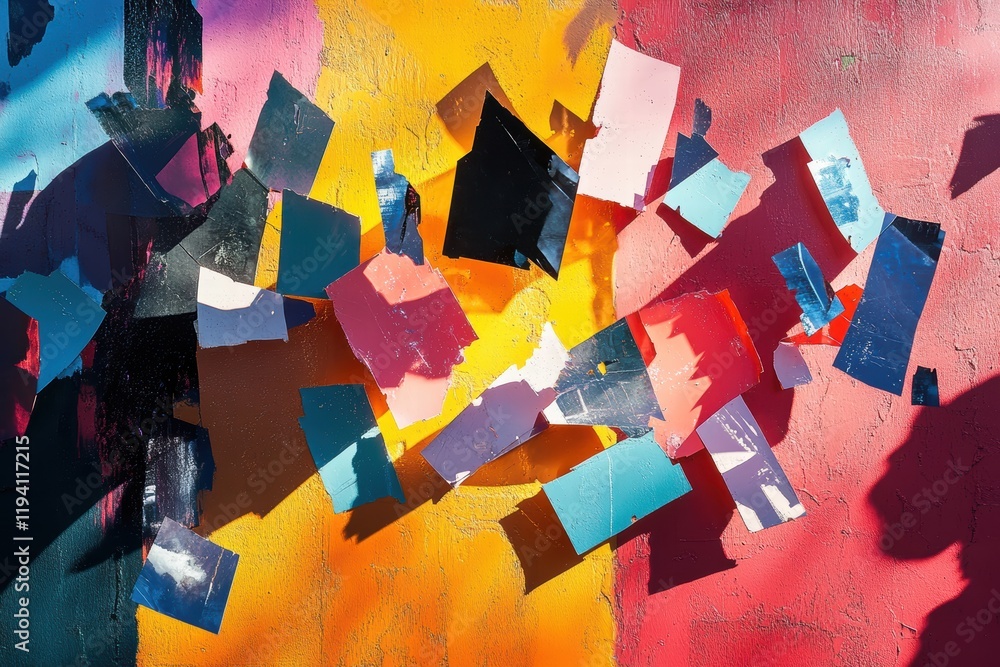 Poster a shadow cast from fragmented geometric shapes, scattered across a vibrant backdrop, creating a sens
