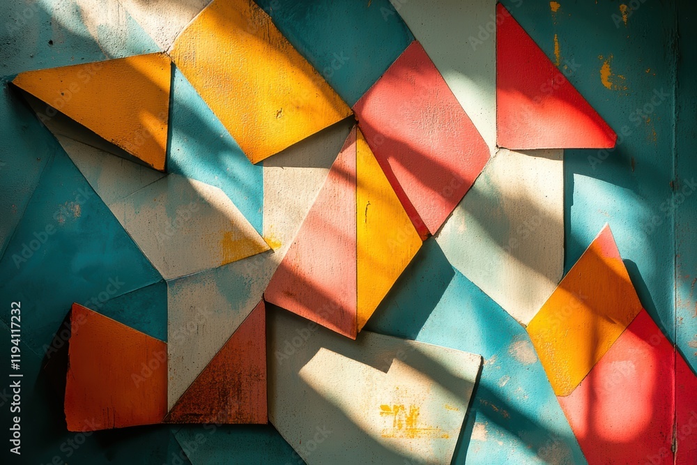 Poster a shadow cast from fragmented geometric shapes, scattered across a vibrant backdrop, creating a sens