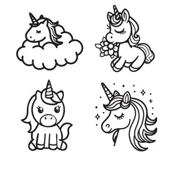 Obraz premium cute unicorn silhouette black and white vector illustration collection 