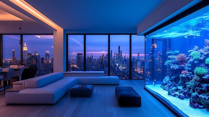 A spacious penthouse living room featuring a large saltwater aquarium teeming with colorful marine life, illuminated by soft underwater lights,