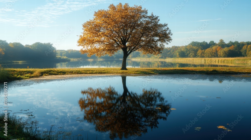 Poster a tree casting a long shadow across a tranquil lake, with the reflection of the shadow creating a mi