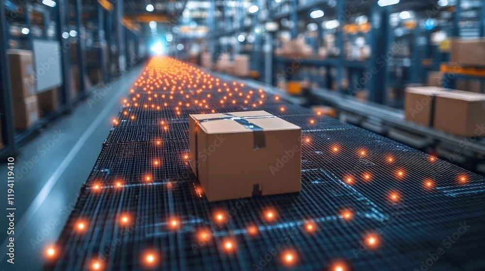 Poster overhead view of a busy warehouse conveyor belt system with packages moving efficiently through a mo