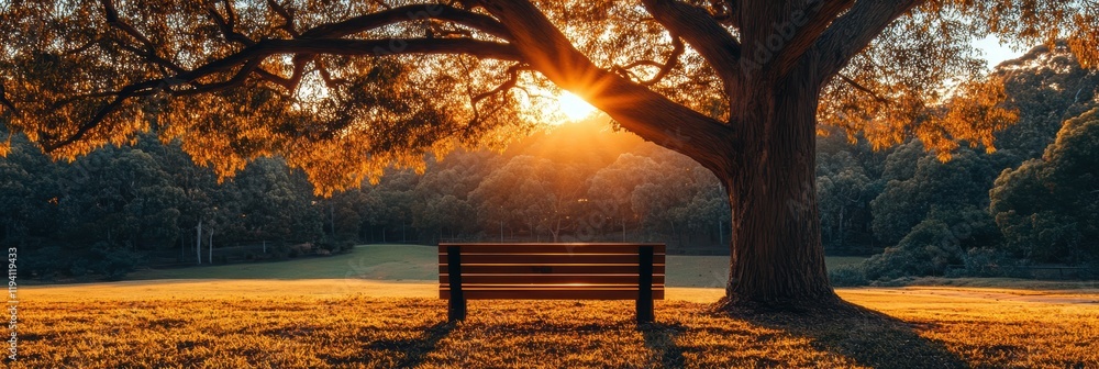 Poster a tree casting its shadow across a park bench, with the sun setting in the background, creating a ca
