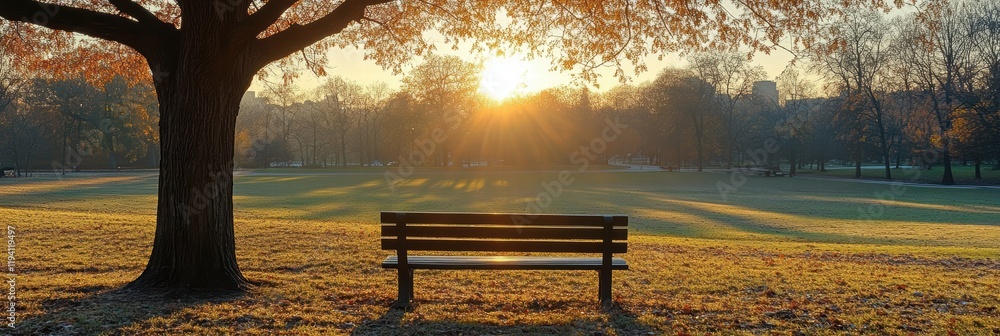 Poster a tree casting its shadow across a park bench, with the sun setting in the background, creating a ca