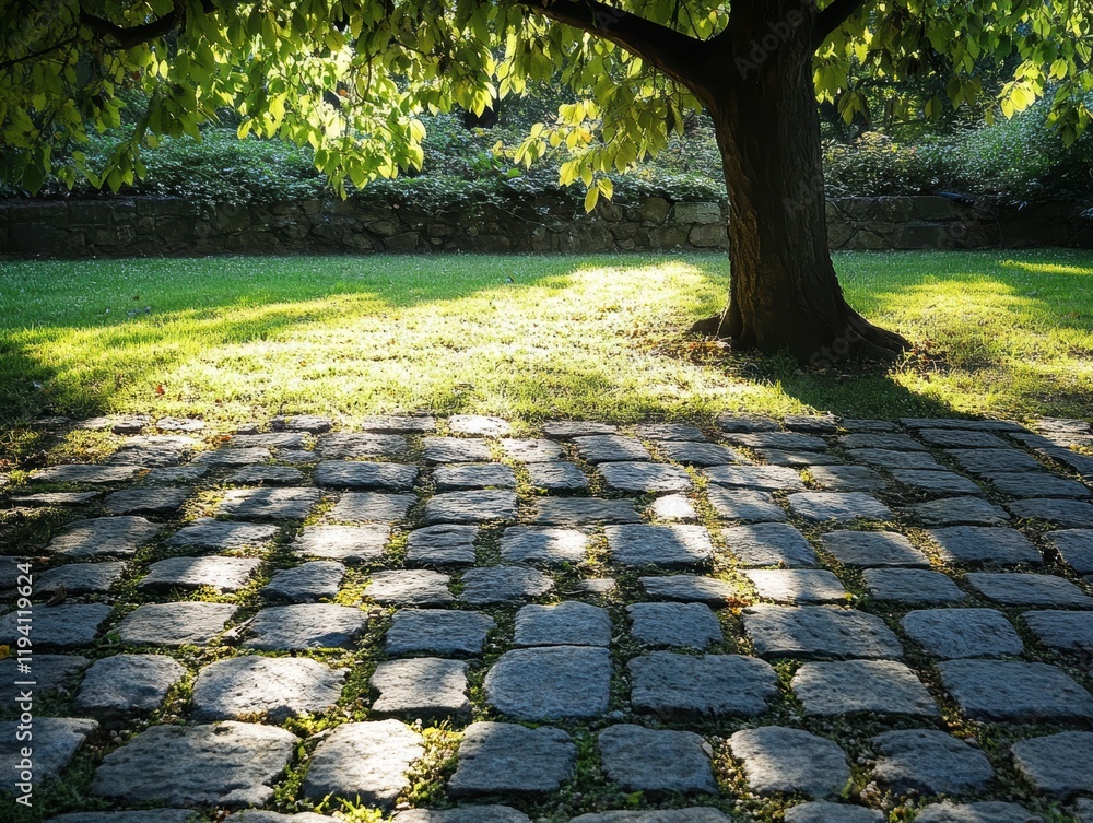 Poster a tree's shadow falling on a stone pathway, with sunlight filtering through the leaves, creating a d