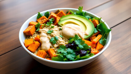 Vibrant Buddha Bowl with Quinoa, Avocado, and Roasted Vegetables, Perfectly Arranged for a Healthy and Colorful Lunch