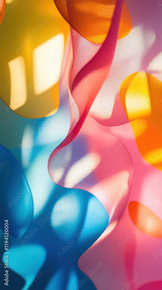 Poster an abstract shadow of floating shapes cast on a vibrant, colorful background, creating a surreal and