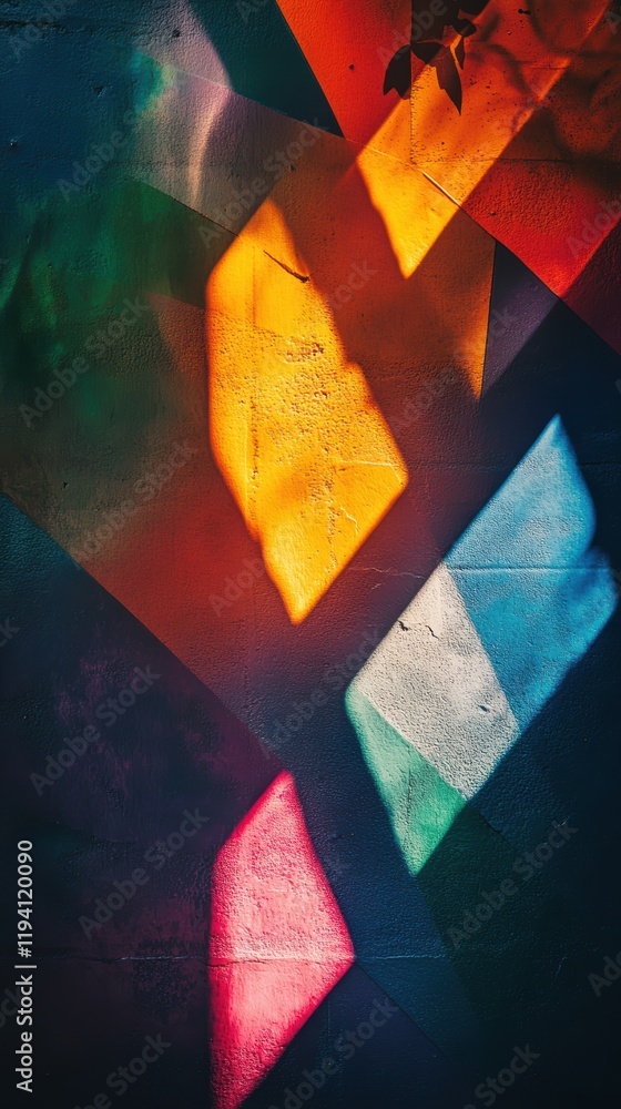 Poster an abstract shadow of floating shapes cast on a vibrant, colorful background, creating a surreal and