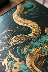 Obraz premium Custom mousepads featuring snake zodiac-inspired art in gold and green. The stylish design, Generative AI